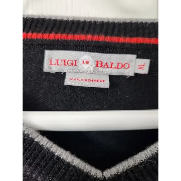 Luigi Baldo Black V-Neck Cashmere Sweater Men's Size XL Golf Made in Italy